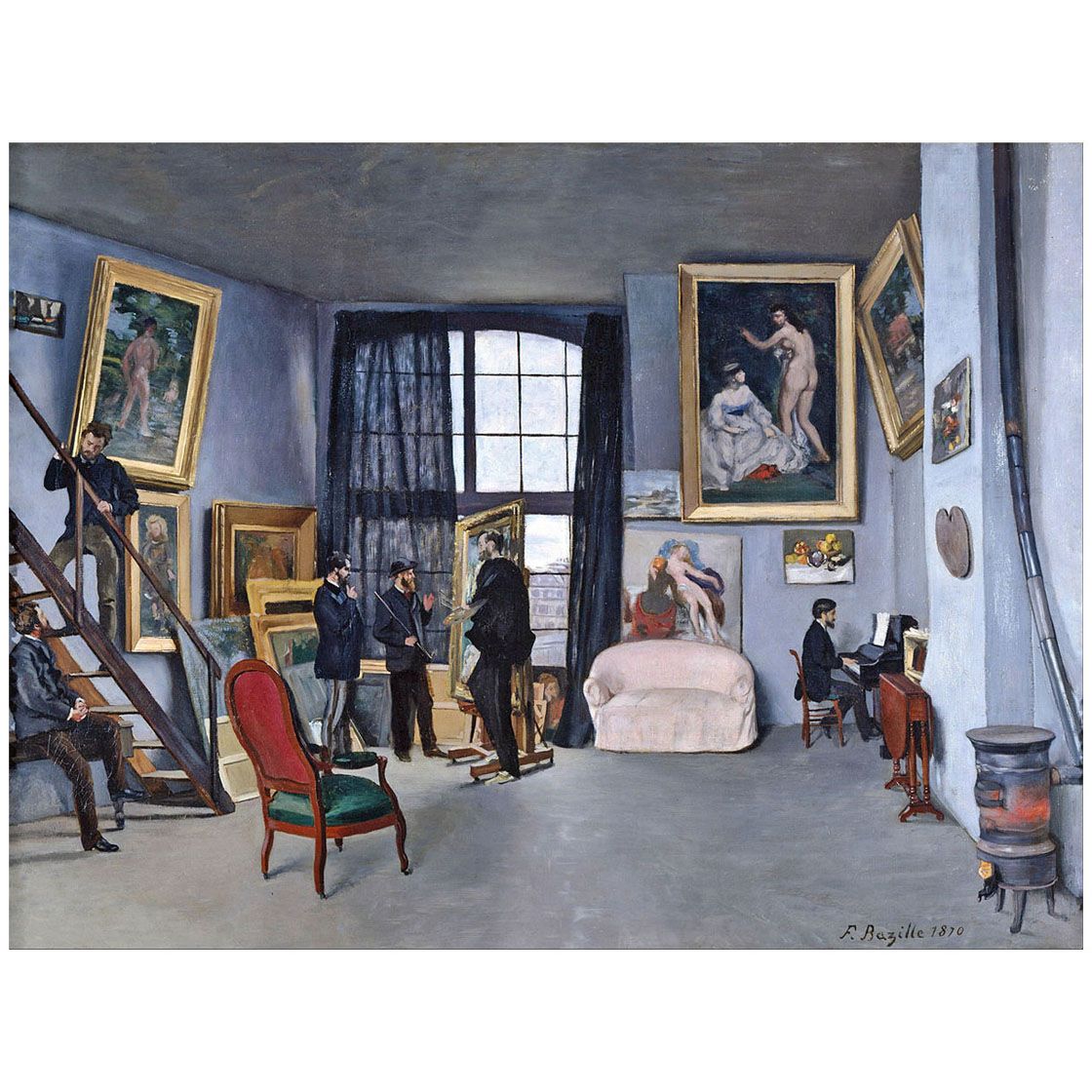 Frederic Bazille. L’atelier de Bazille (Bazille, Manet, Monet, Renoir, Sisley, Zola). 1870. Musee d’Orsay