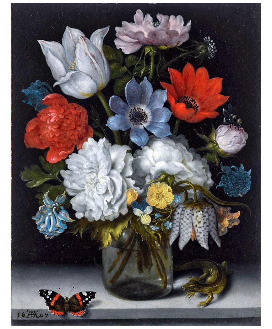 Ambrosius Bossсhaert de Oude. Stilleven van bloemen in een glazen kolf. 1607. Private collection