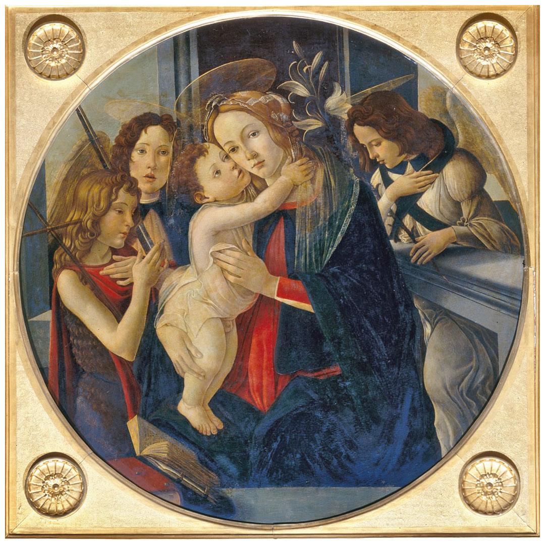 Sandro Botticelli. Madonna col Bambino, Giovanni Battista e due angeli. Palazzo Pitti, Firenze