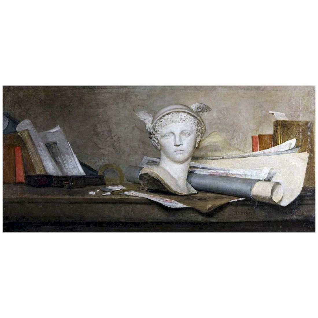 Jean-Baptiste Chardin. Les Attributs des Arts avec un Buste de Mercure. 1728. Pushkin Museum