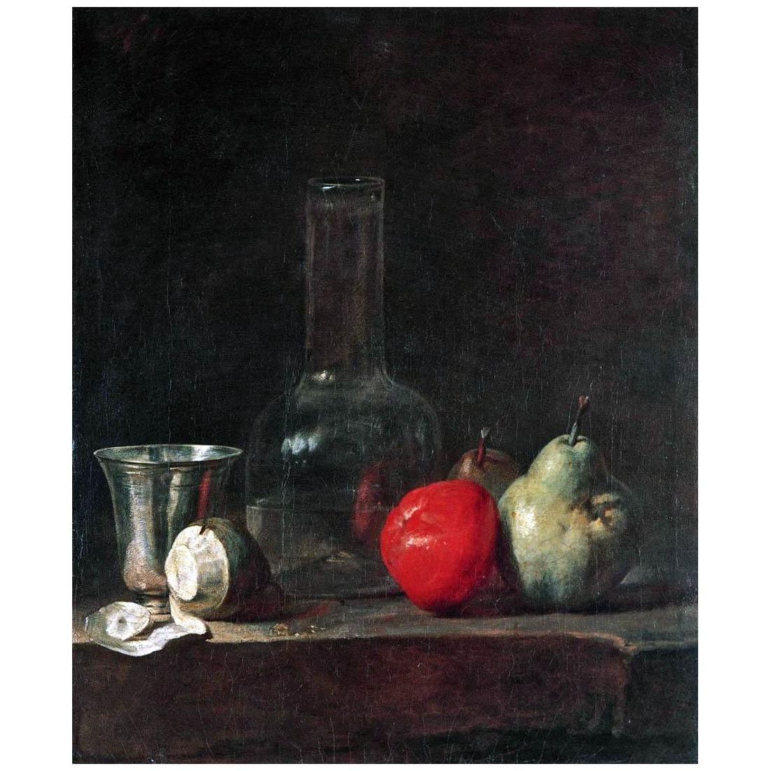 Jean-Baptiste Chardin. Nature Morte avec Flacon en Verre et Fruits. 1728. Kunstlalle Karsruhe