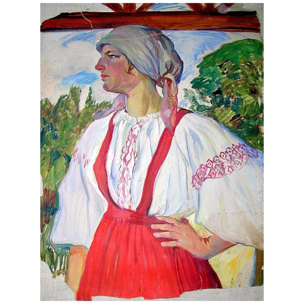 Ольга Делла-Вос-Кардовская. Девушка в красном сарафане. 1916