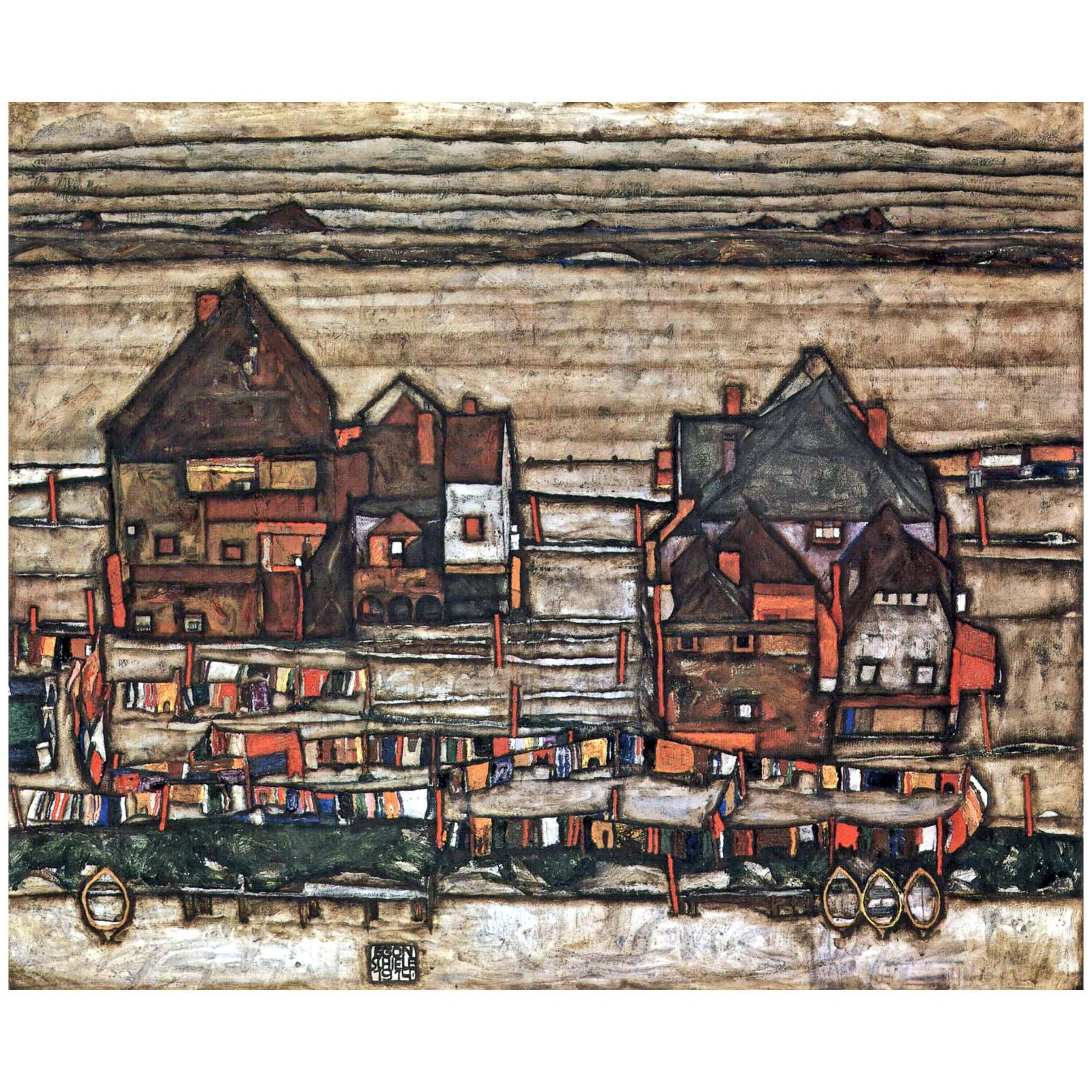 Egon Schiele. Häuser mit bunter Wäsche. Vosrstadt II. 1914. Private collection