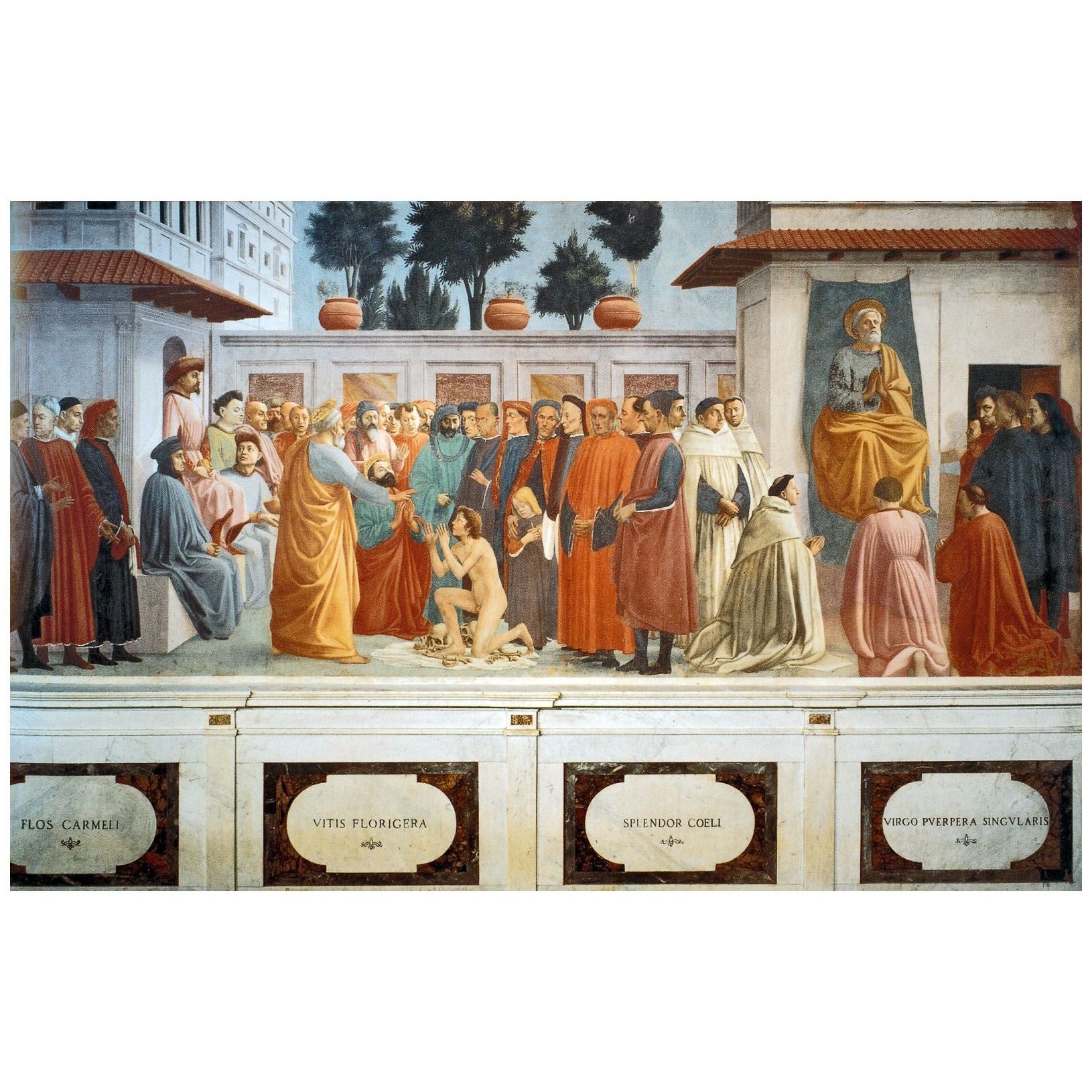 Мазаччо. Воскрешение сына Теофила и Св. Петр на кафедре. 1427. Капелла Бранкаччи