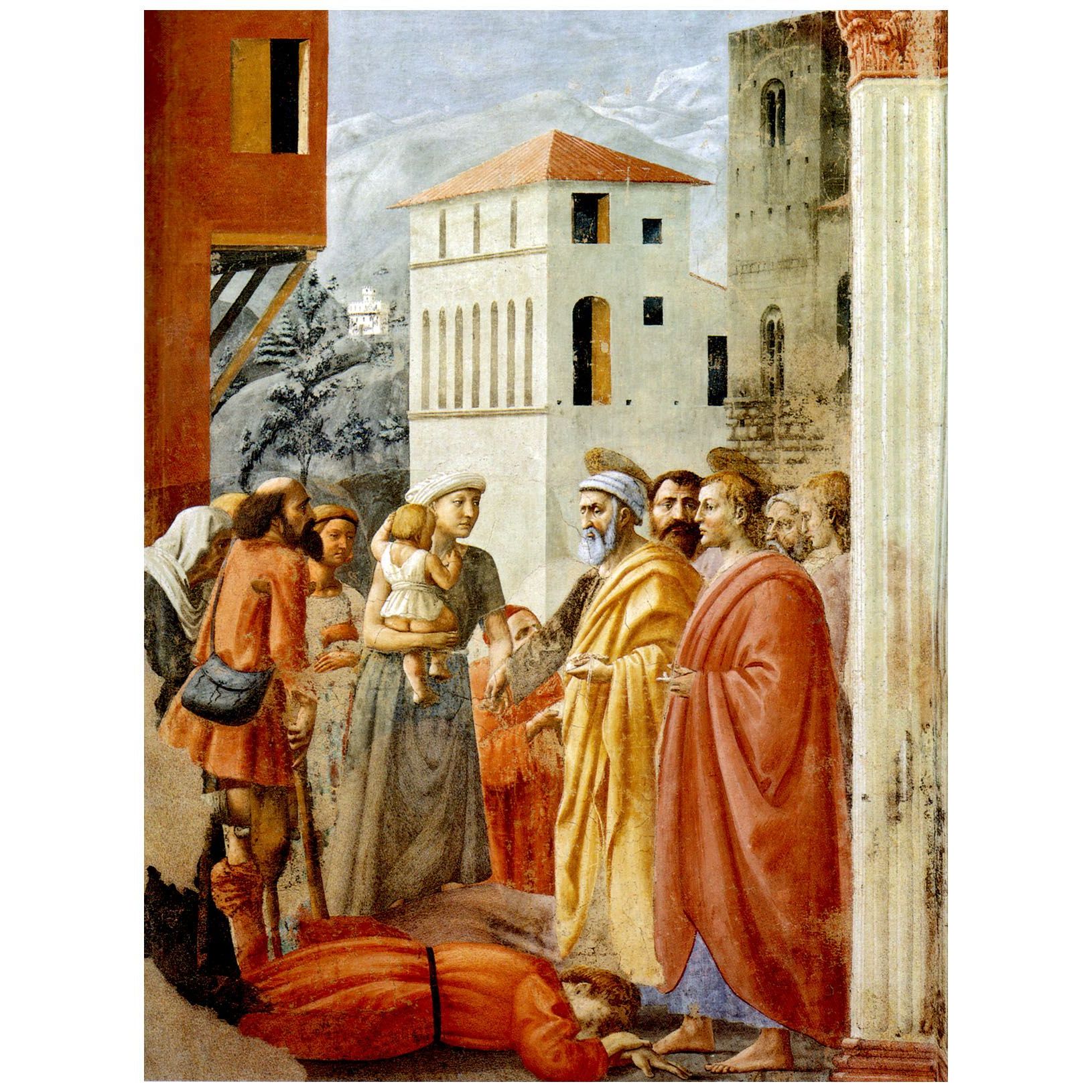Мазаччо. Раздача имущества и смерть Анании. 1427. Капелла Бранкаччи, Флоренция