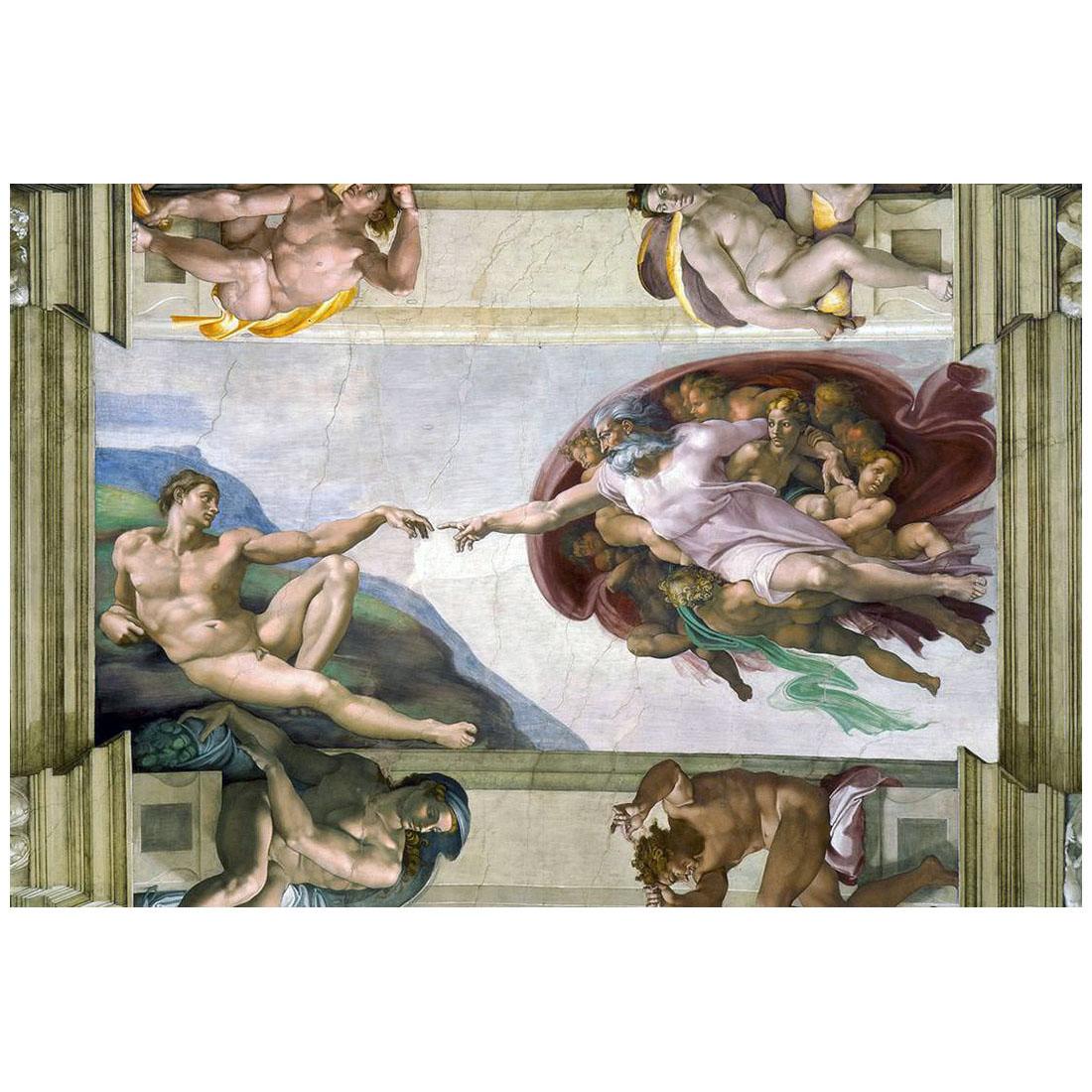 Michelangelo Buonarroti. La creazione dell'uomo. Frammento del volta della Cappella Sistina