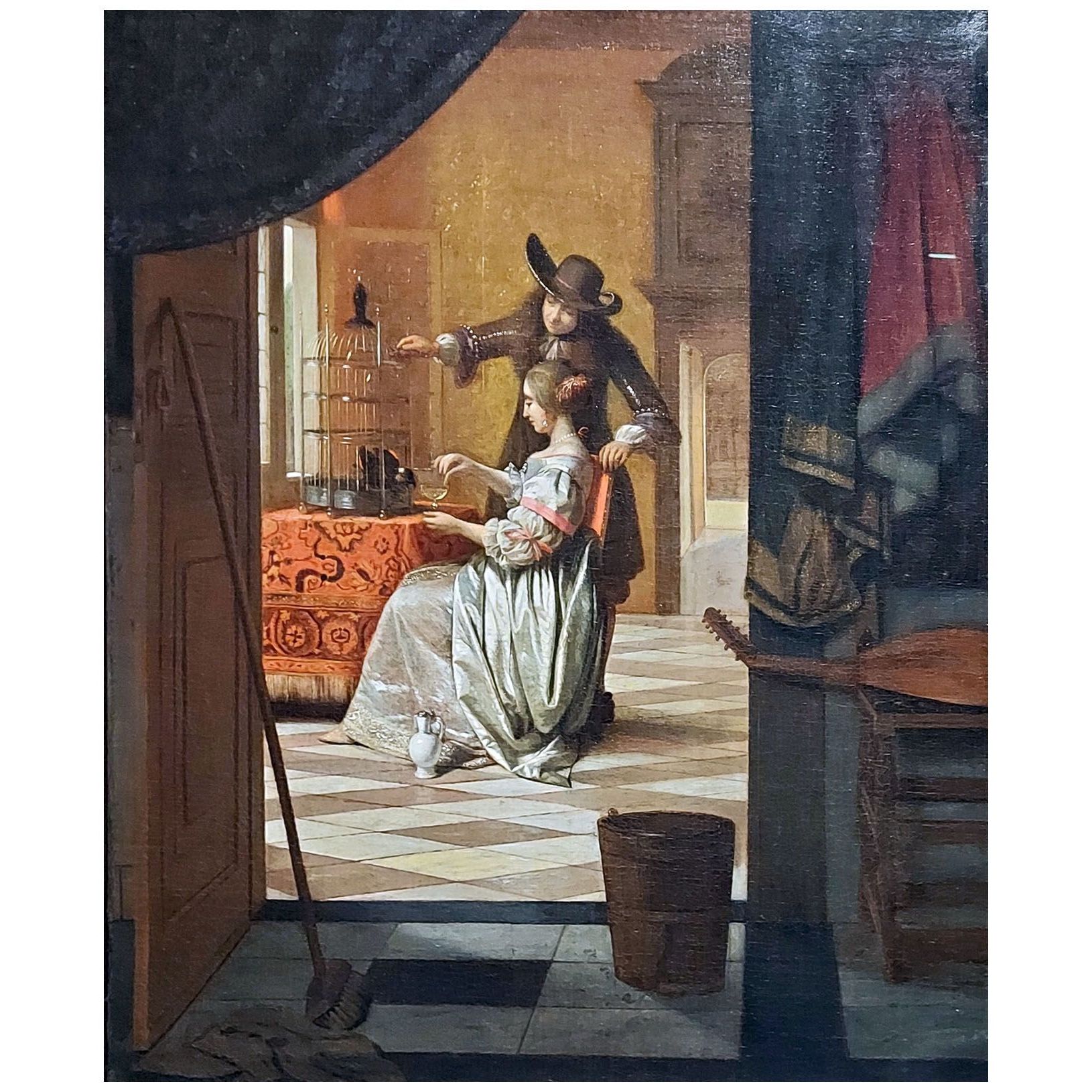 Pieter de Hooch. Man and Woman with a Parrot. 1675-1678. Gemaldegalerie Alte Meister Dresden