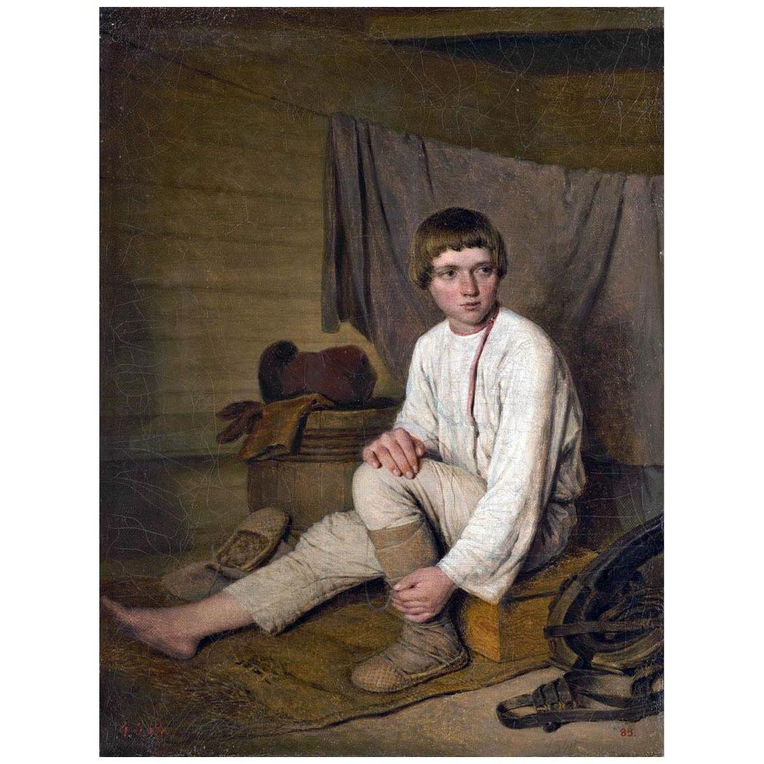 Алексей Венецианов. Крестьянский мальчик, надевающий лапти. 1823-1826. Русский музей