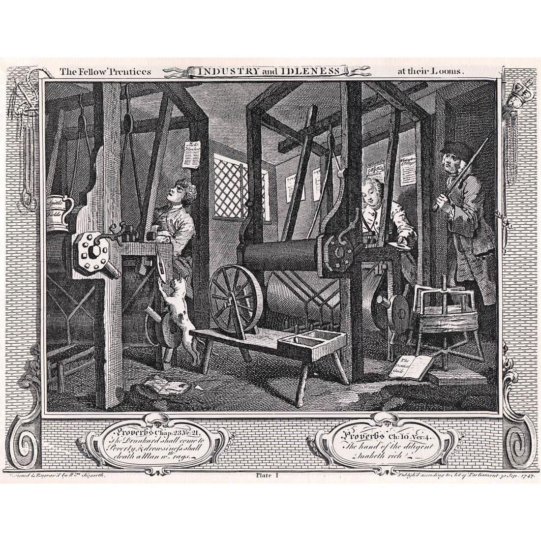 William Hogarth. The Fellow Prentices at their Looms. Industry and Idleness #1. 1747