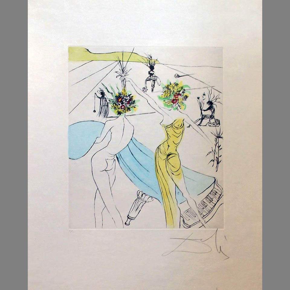 Сальвадор Дали. Женщины-цветы и рояль. 1969, гравюра, акварель