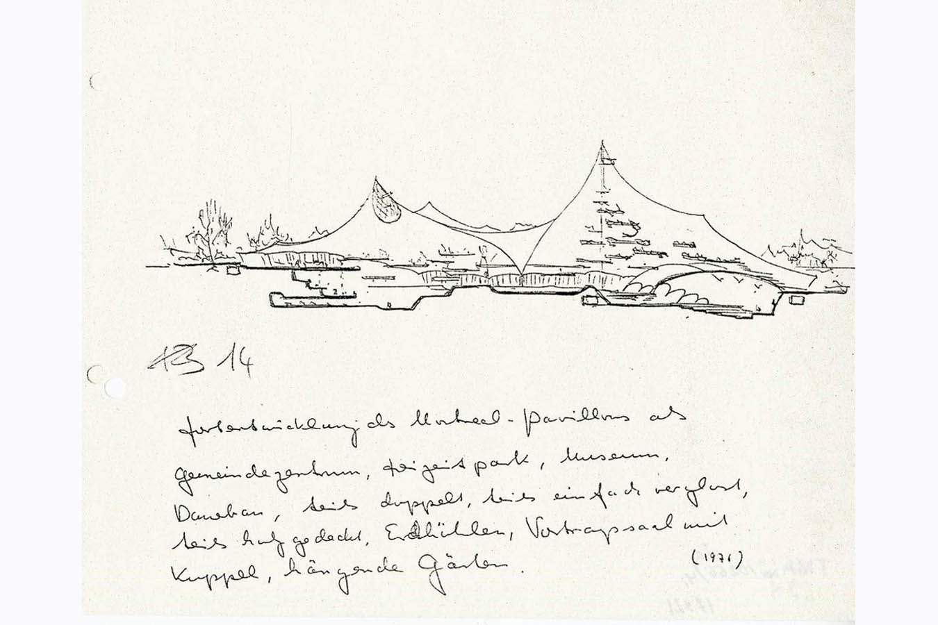 Эскиз павильона ФРГ на Экспо-1967 с комментариями Фрая Отто, 1976. ГМА имени А.В. Щусева
