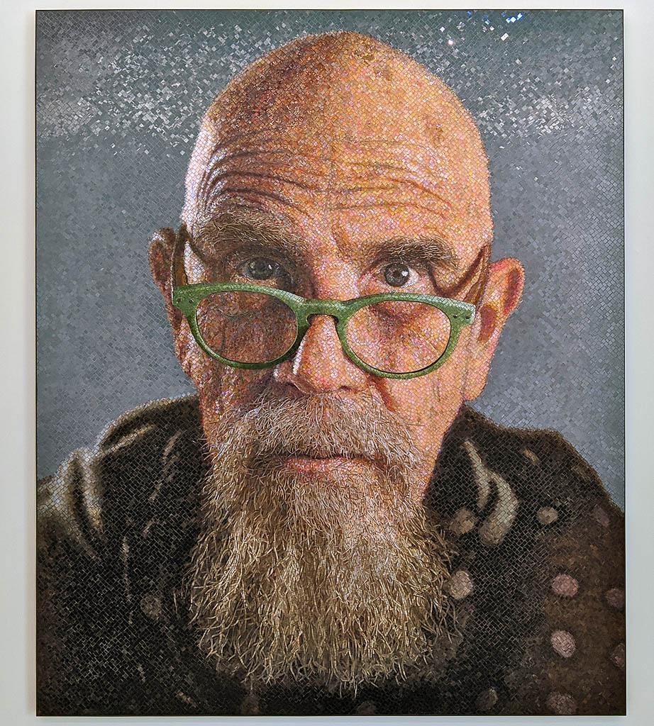 Chuck Close. Self-Portrait (Jade Glasses). 2019. Stained glass