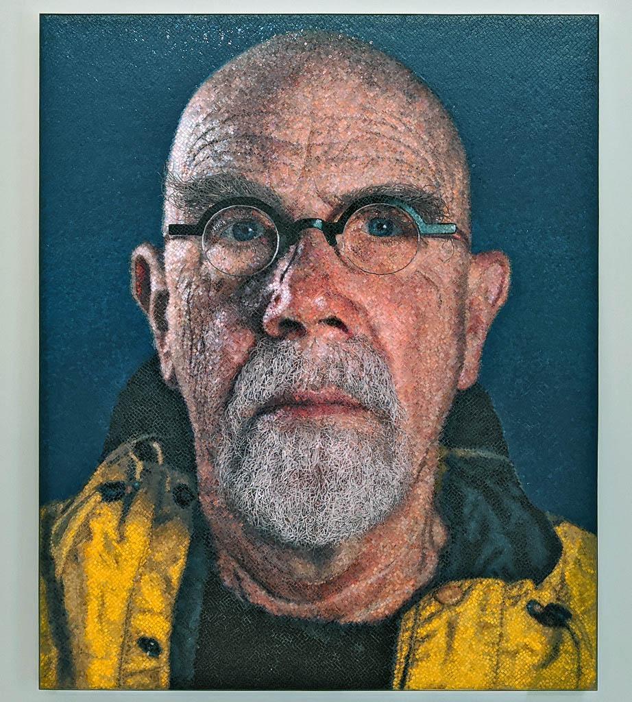 Chuck Close. Self-Portrait (Yellow Raincoat). 2019. Micro mosaic