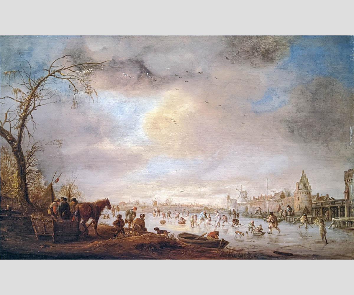 Исаак ван Остаде. Зимний пейзаж с прогулкой на коньках. 1641