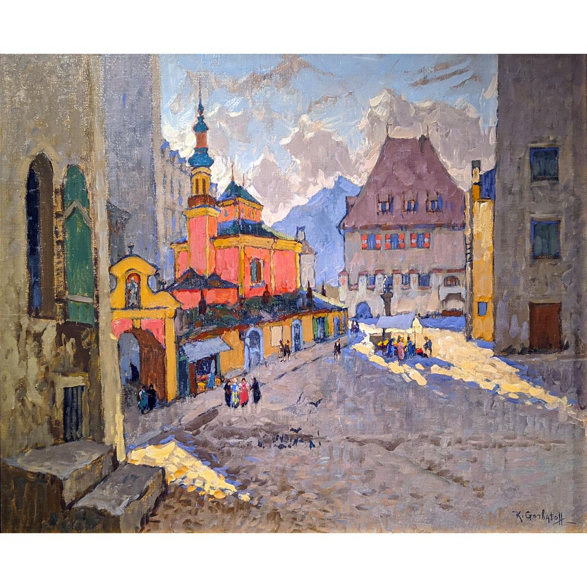 Константин Горбатов. Халль. Вид улицы с церковью. 1930-е