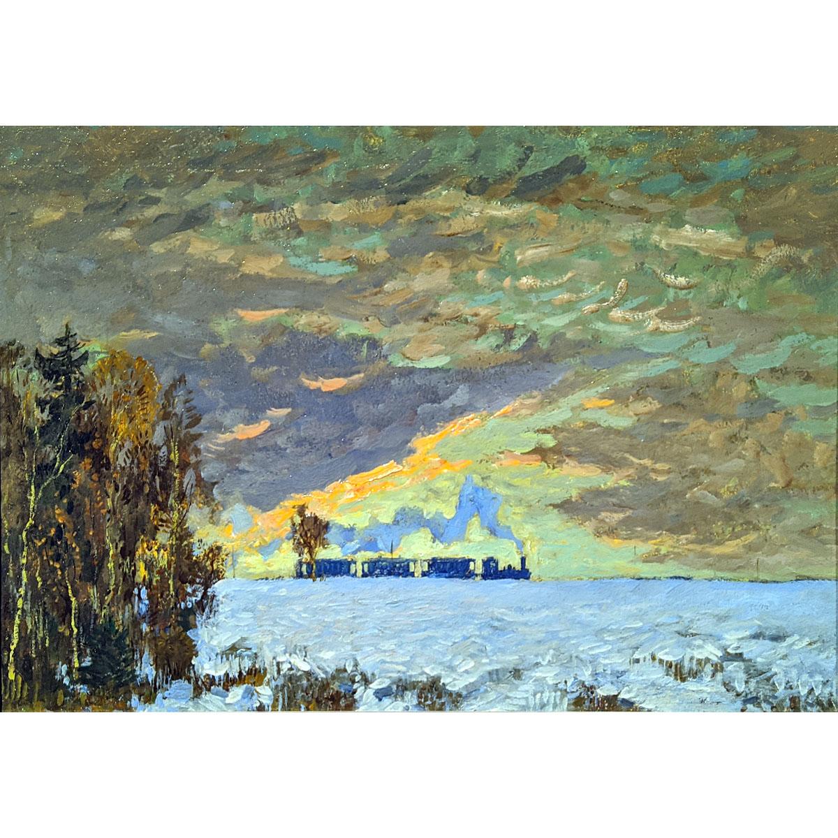 Константин Горбатов. Зимний пейзаж с паровозом. Нач. 1920-х