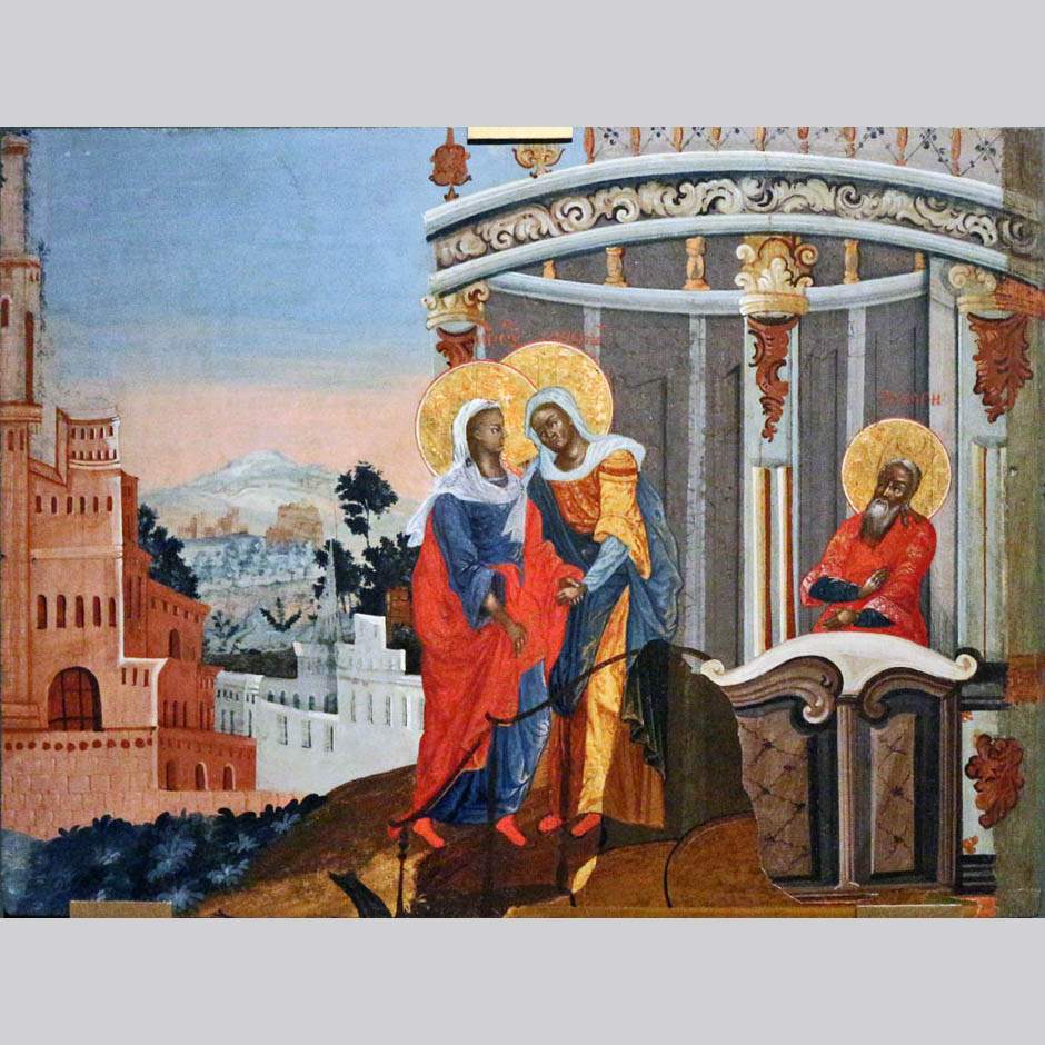 Встреча Марии с Елизаветой. XVIII в. Отдельные детали композиции восходят к гравюре, включенной в Библию Пискатора с 1650 г.