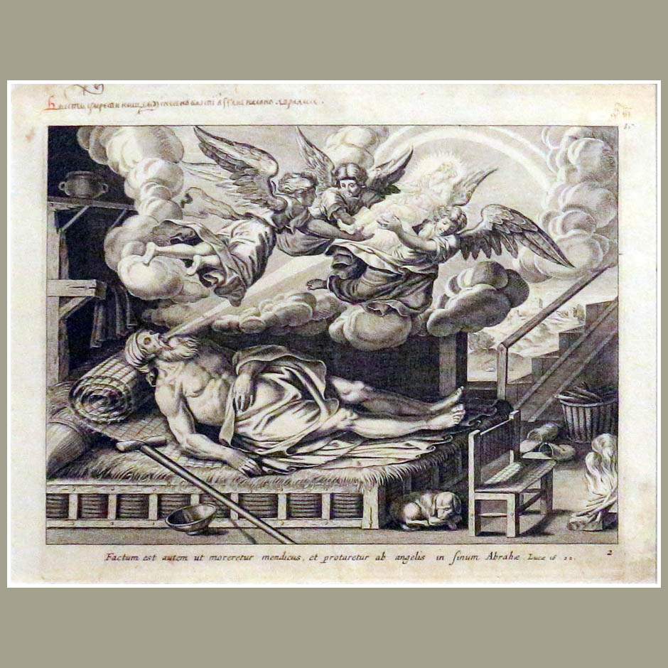 Смерть бедного Лазаря. Копия гравюры, изданной Теодором Галле в Антверпене ок. 1600. Библия Пискатора. Амстердам, 1650