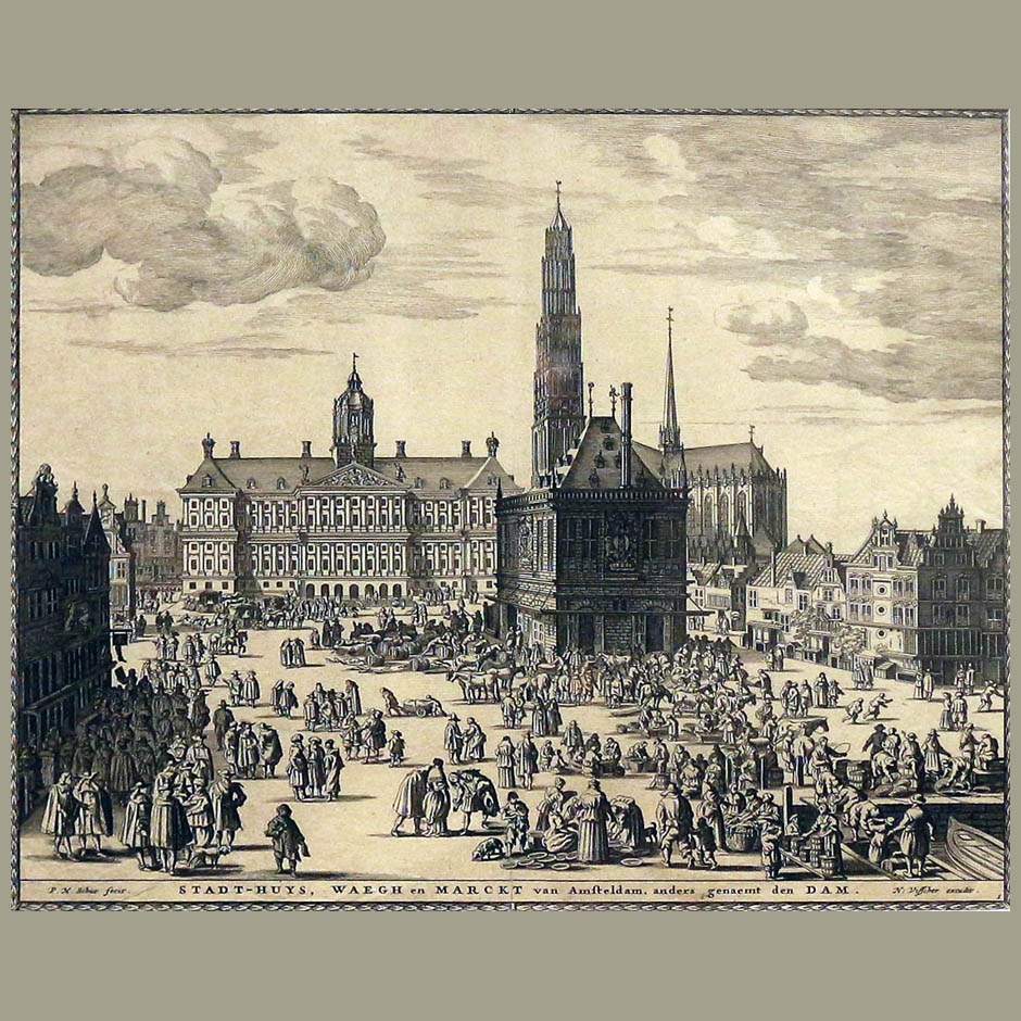 Вид на Весовую палату, Новую ратушу, Нивье керк на площади Дам в Амстердаме. Питер Хендрикзон Схют. 1655-1660