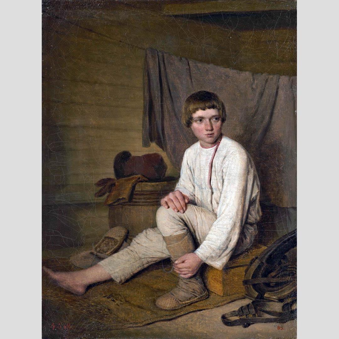 Алексей Венецианов. Крестьянский мальчик, надевающий лапти. 1823-1826. Русский музей