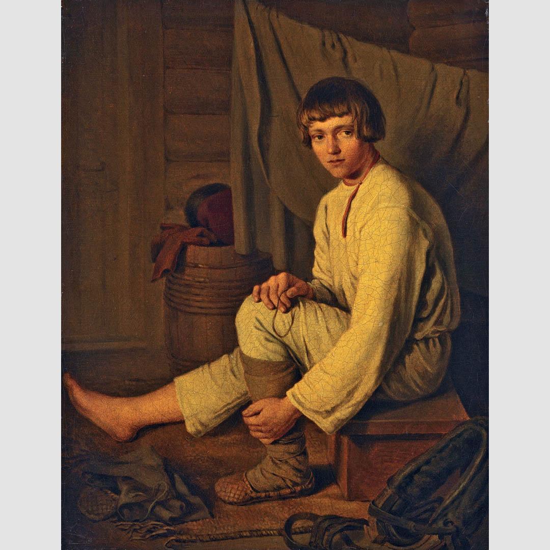 Капитон Зеленцов. Мальчик-крестьянин, надевающий лапти. 1826. Третьяковская галерея