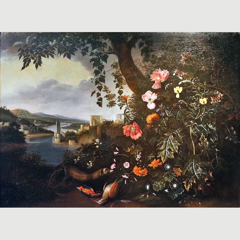 Mitthias Withoos. Flowering Bush with Landscape. 1665