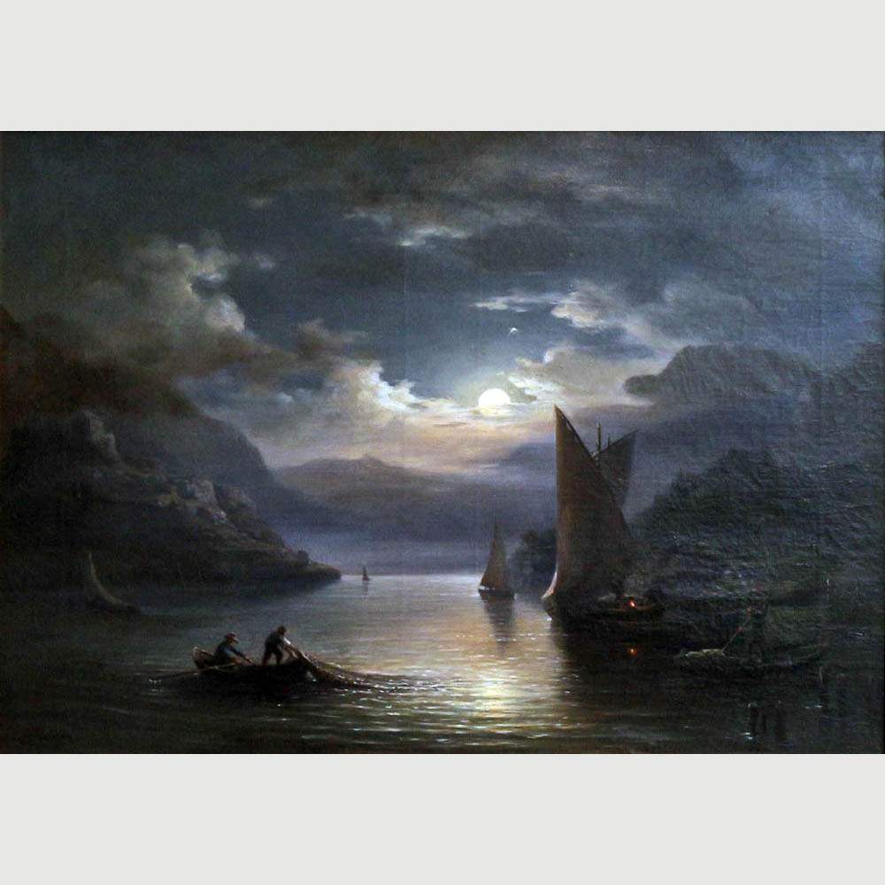 Claude Hugard de la Tour. Peche de nuit sur de lac. 1858