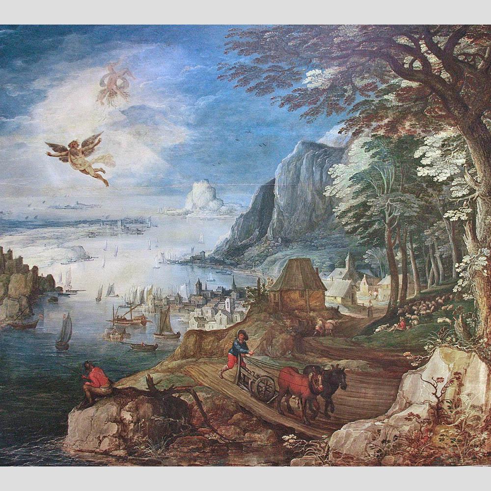 Joos de Momper. Landscape with Fall of Icarus. 1620-e