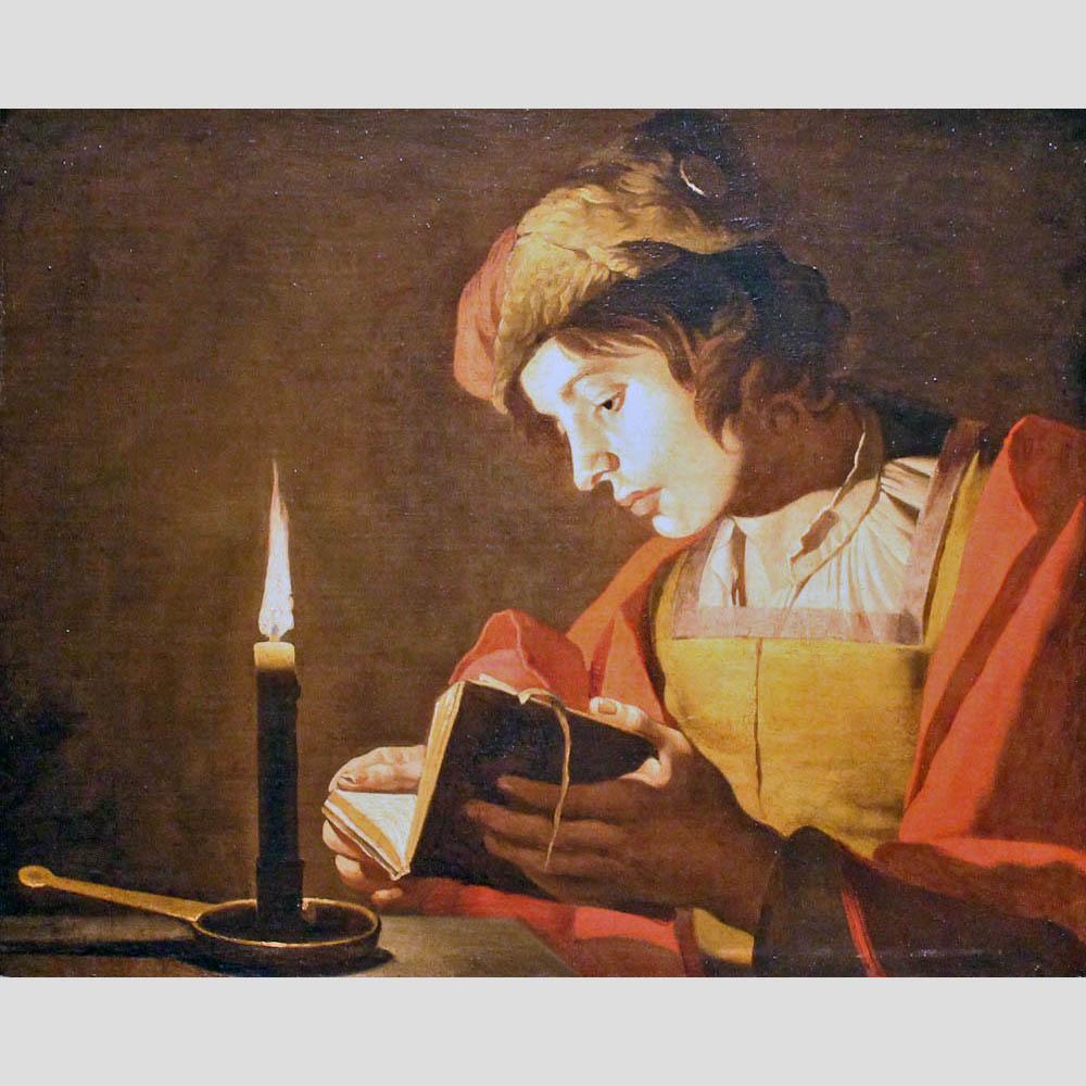 Matthias Stom. Young Man Reading by Candlelight. 1630